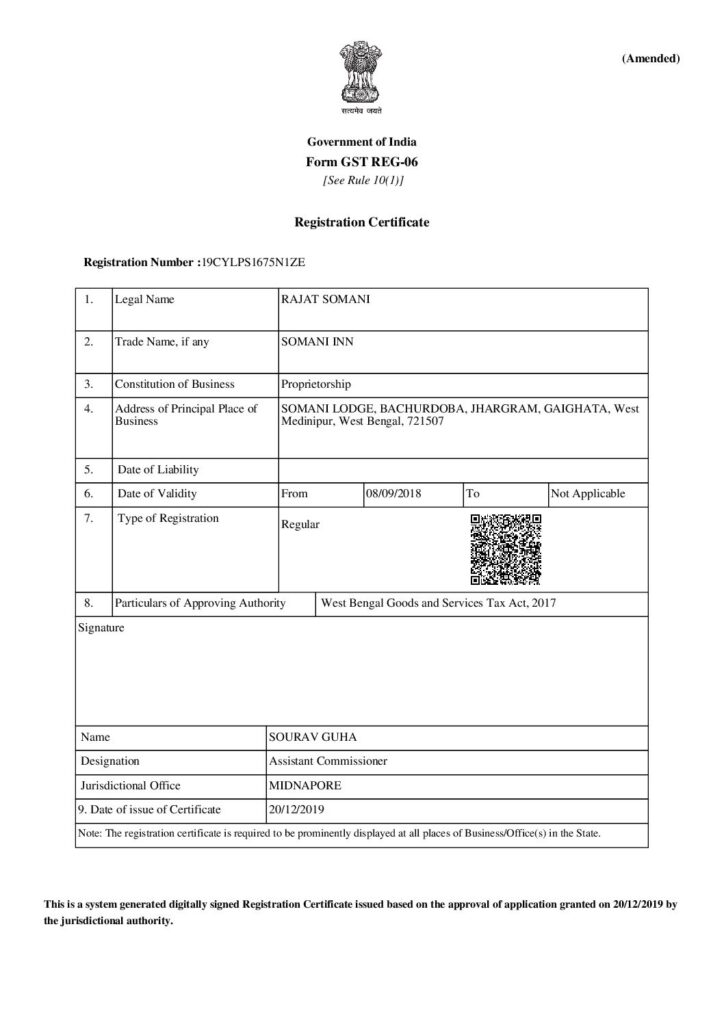 Somani Inn Gst Certificate